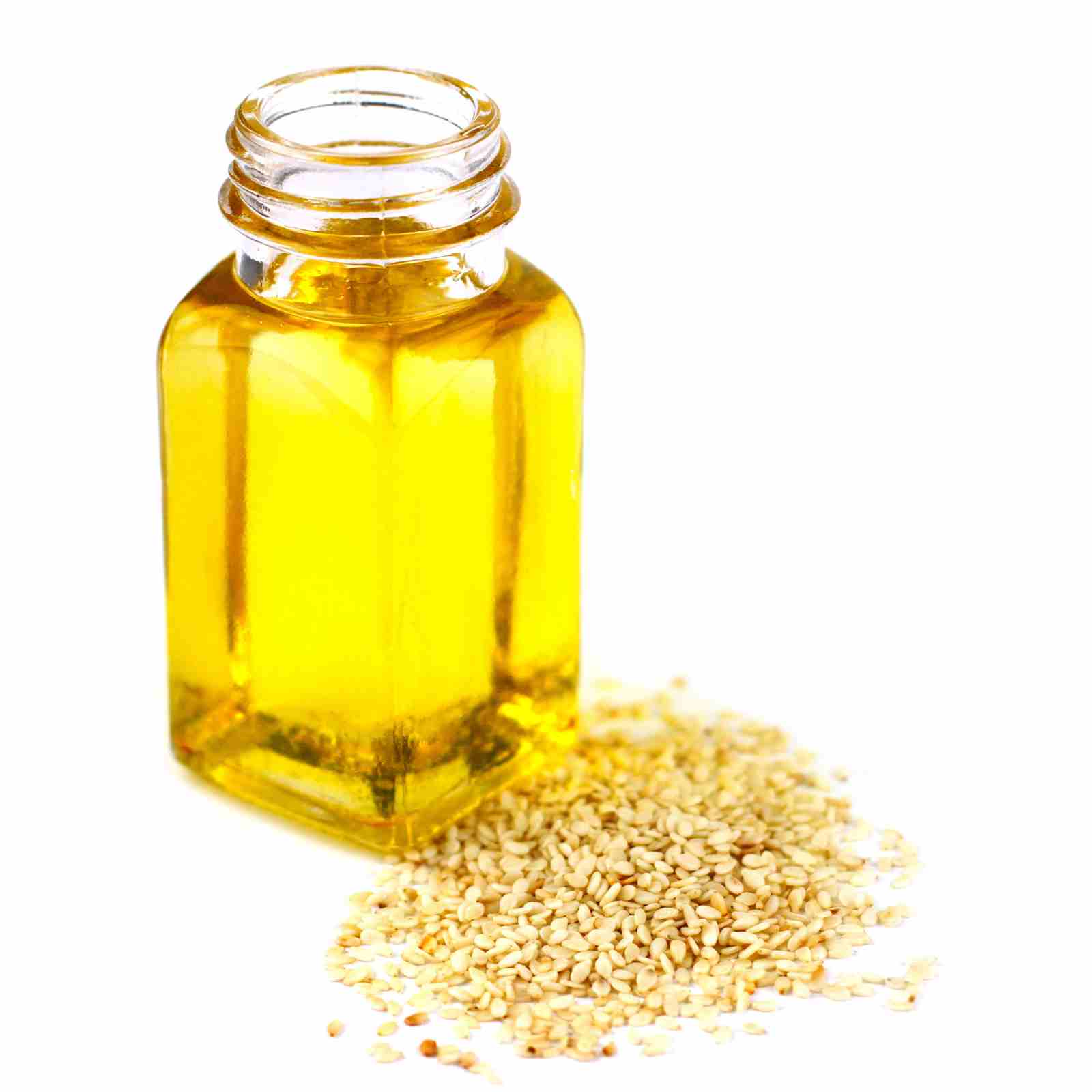 sesame oil and bottle on white background