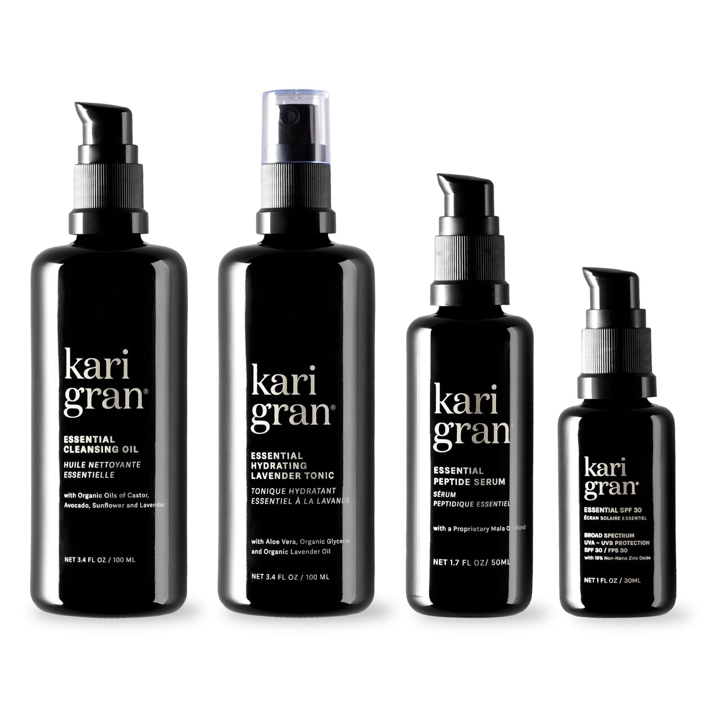 essential cleansing oil, essential hydrating lavender tonic, essential peptide serum and essential SPF 30