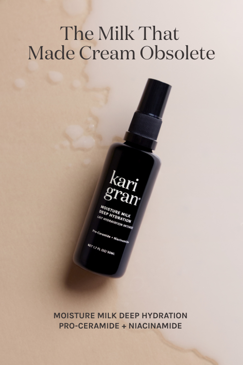 Kari Gran Moisture Milk bottle on a beige background with text 'The Milk That Made Cream Obsolete'.