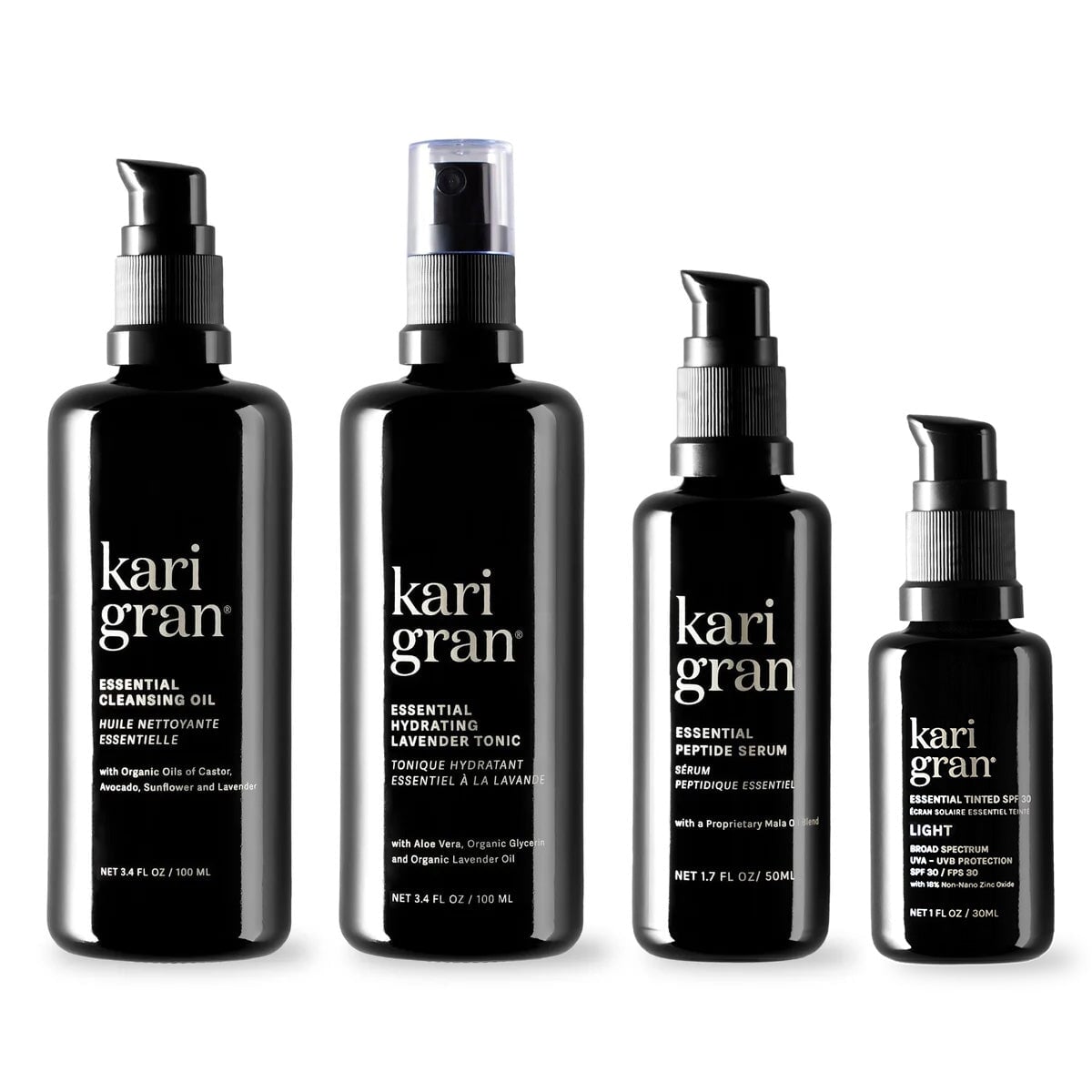 essential cleansing oil, essential hydrating lavender tonic, essential peptide serum and essential tinted SPF in shade light
