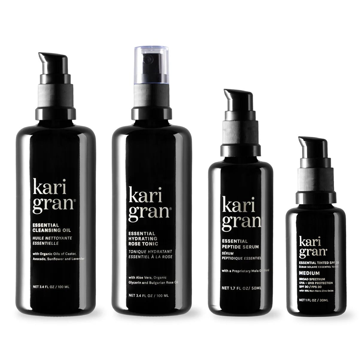 essential cleansing oil, essential hydrating rose tonic, essential peptide serum and essential tinted SPF in shade medium