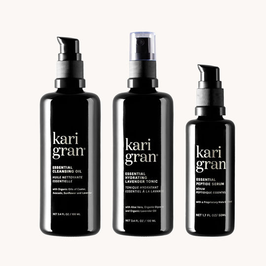 cleansing oil, essential hydrating tonic, and peptide serum