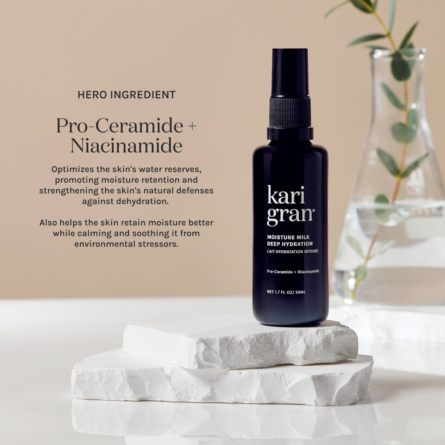 Kari Gran skincare bottle with text about pro-ceramide and niacinamide on a neutral background