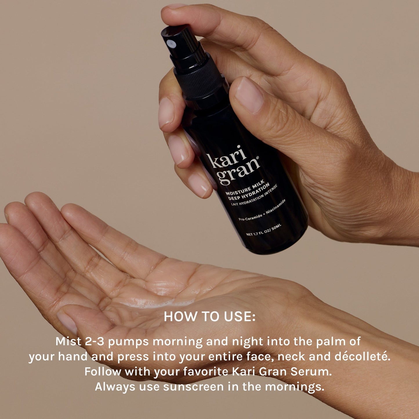 Hand holding a Kari Gran skincare product with usage instructions on a beige background