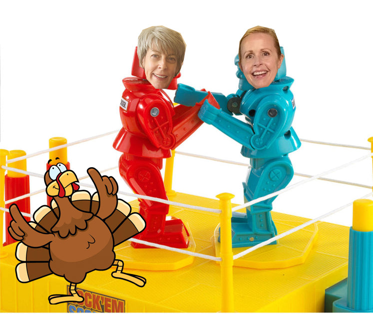 Lisa and Kari's heads on battle game with turkey on the side