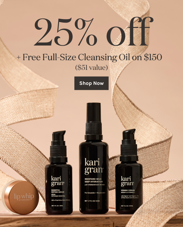 Kari Gran skincare products with oofer 25% off + Free Cleansing Oil on $150 on a beige background