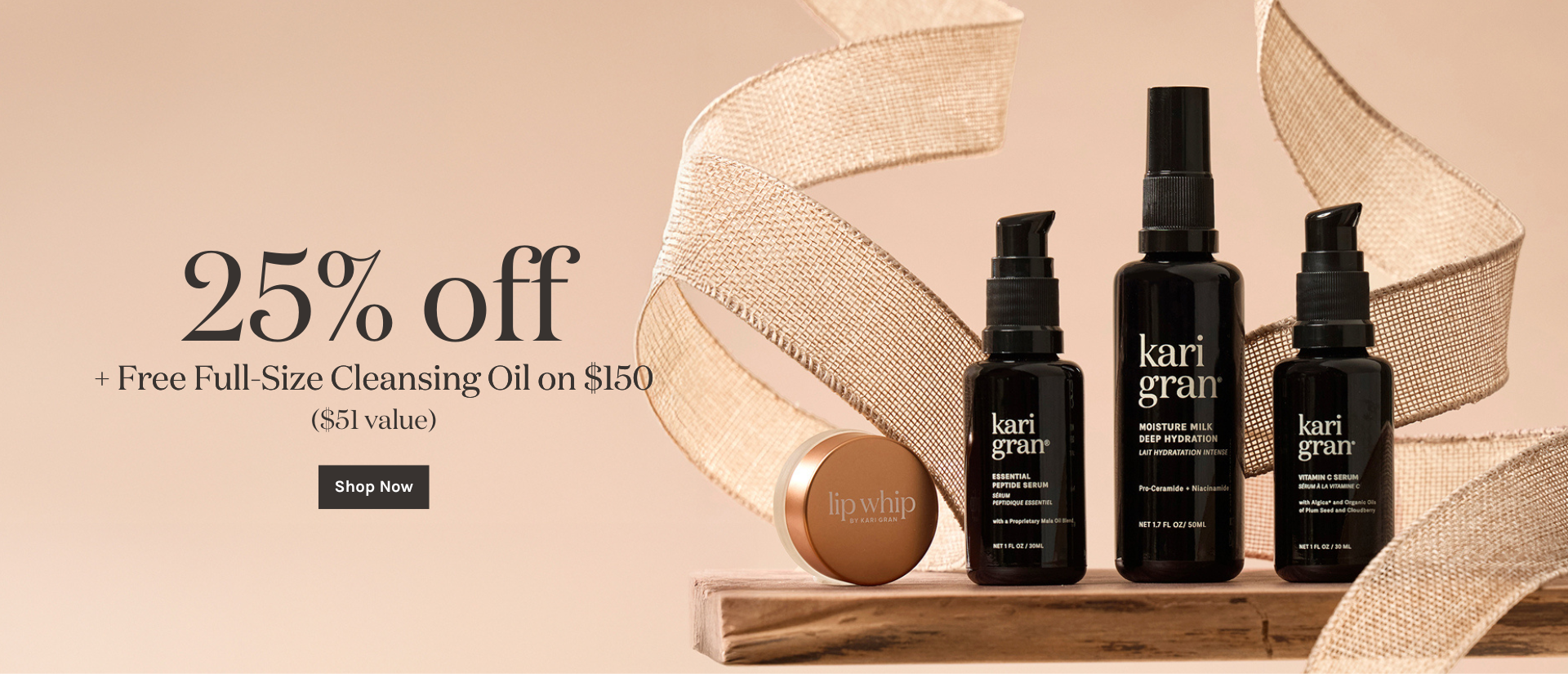 Kari Gran skincare products with oofer 25% off + Free Cleansing Oil on $150 on a beige background
