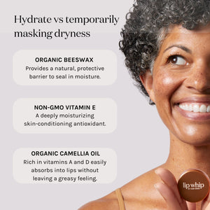 hydrate vs temporarily masking dryness. image of a model holding a lip whip