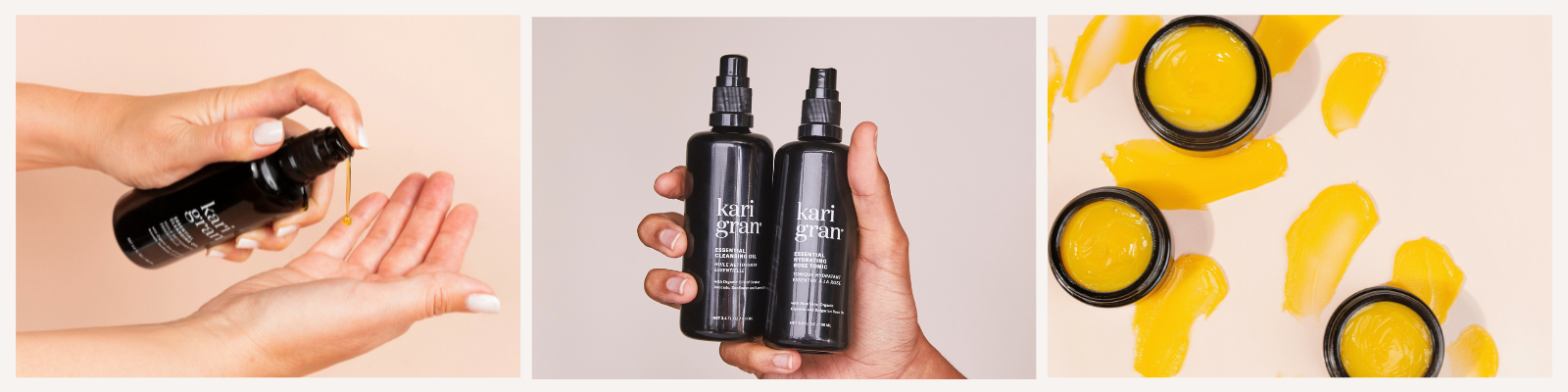 three images, one with product being pumped into hand, hand holding KG bottles and third of the essential serum balm