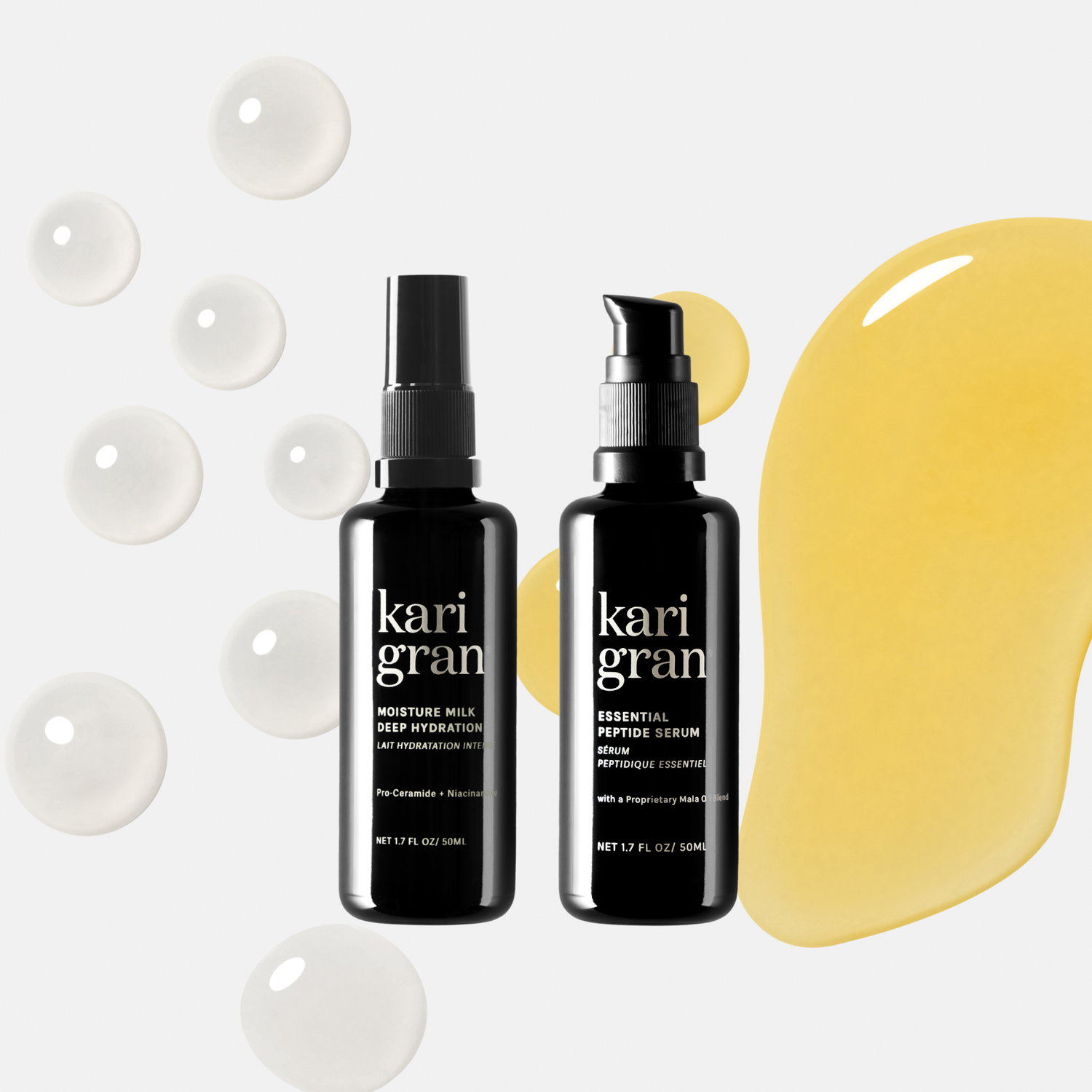 Two black kari gran skincare bottles on a white background with yellow and white shapes.