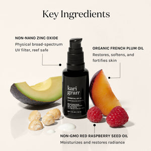 Key ingredients. Non-Nano zinc oxide, organic french plum oil, non-gmo red raspberry seed oil