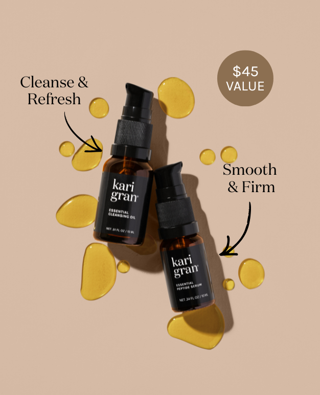Two kari gran skincare bottles with text on a beige background
