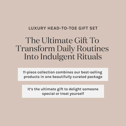 Promotional text for a luxury head-to-toe gift set on a beige background