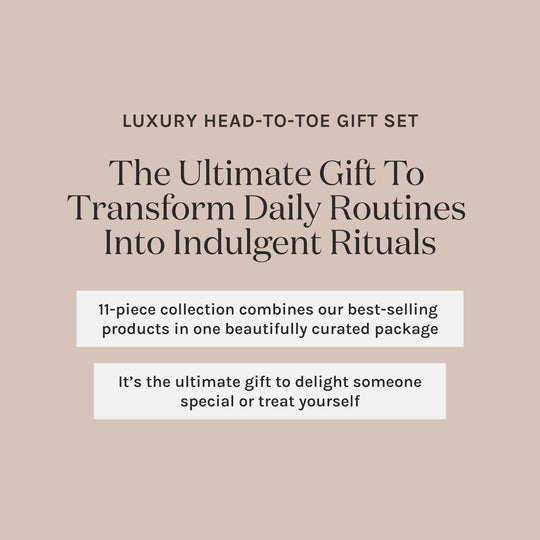 Promotional text for a luxury head-to-toe gift set on a beige background