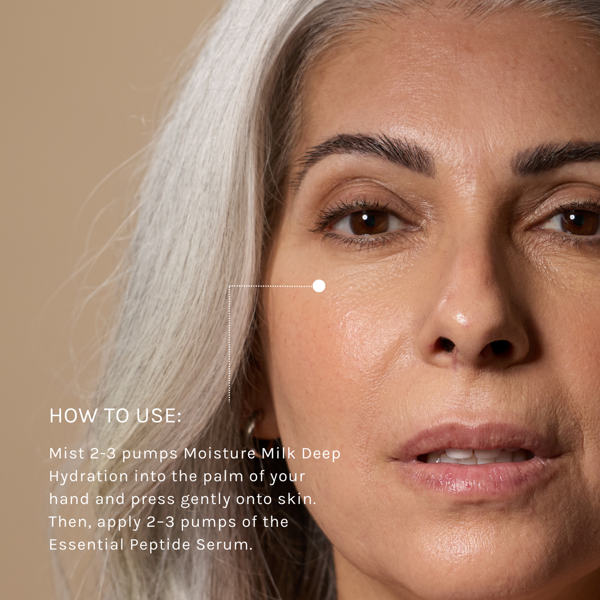 Close-up of a woman's face with skincare product instructions overlayed.