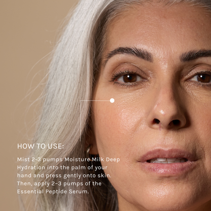 Close-up of a woman's face with skincare product instructions overlayed.