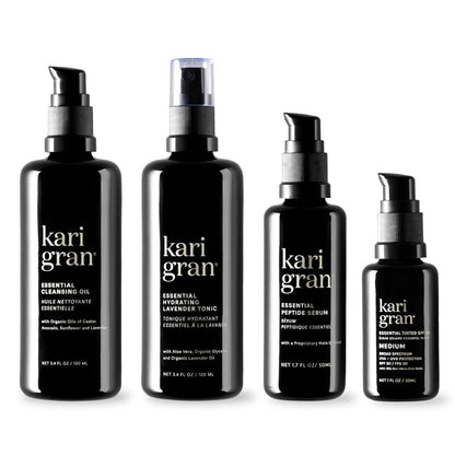 essential cleansing oil, essential hydrating lavender tonic, essential peptide serum and essential tinted SPF in shade medium