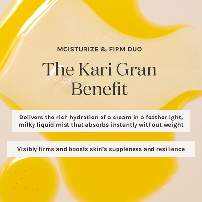 Product packaging with text about 'The Kari Gran Benefit' moisturizing and firming duo.