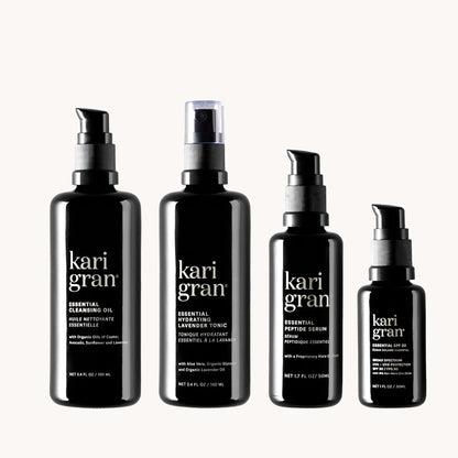 cleansing oil, essential hydrating tonic, peptide serum, and essential spf 30