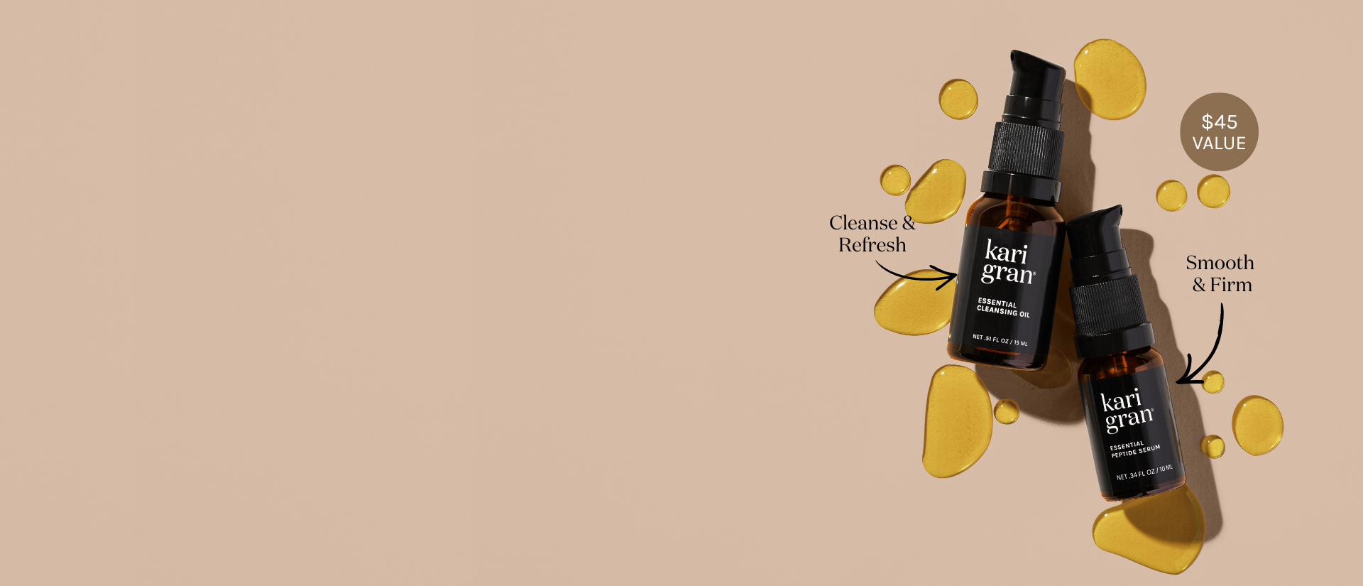 Two skincare bottles with labels on a beige background