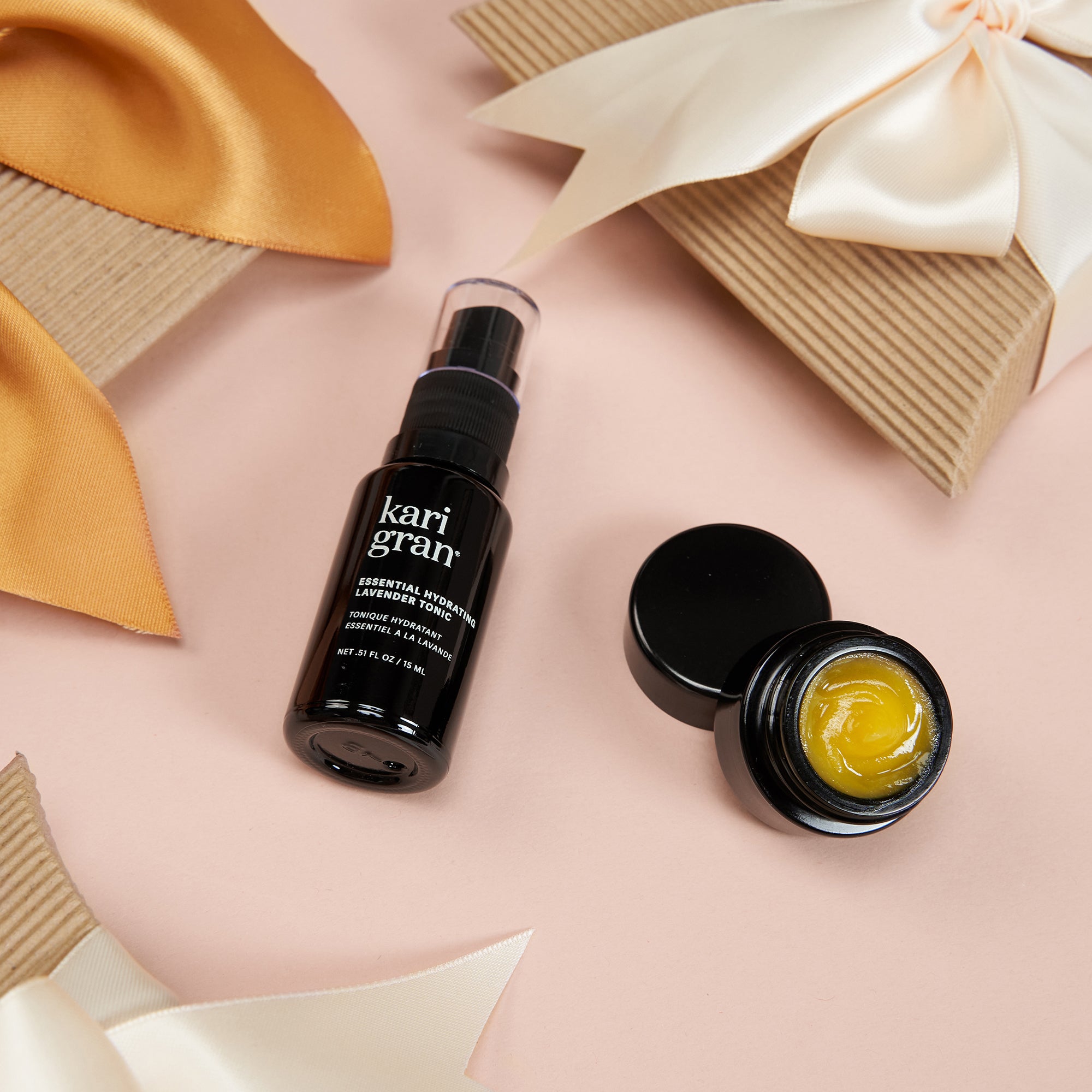 Kari Gran on the go hydration with rose tonic and mini essential serum balm with holiday wrapping